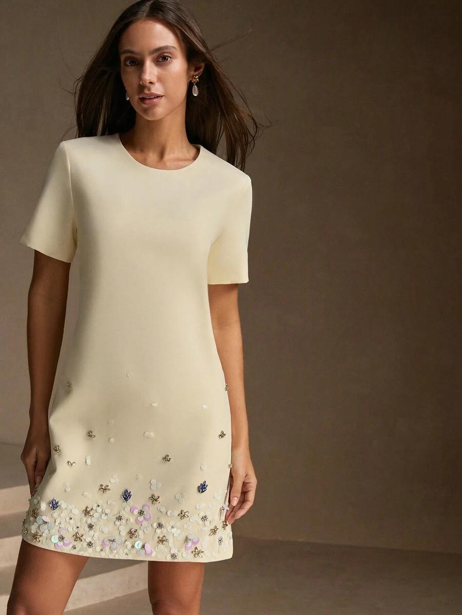 SHEIN BEŻOWA SUKIENKA ZDOBIENIE 3D S06__L