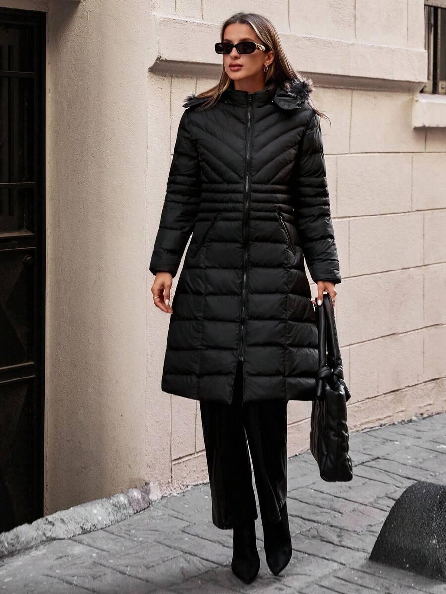 EURMUSE CZARNA PIKOWANA KURTKA Z KAPTUREM FUTERKO W01__M