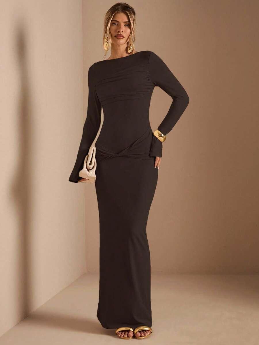 SHEIN BRĄZOWA MAXI SUKIENKA S06__M