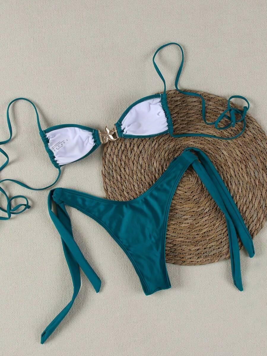 SHEIN NIEBIESKI DWUCZĘŚCIOWY STRÓJ KĄPIELOWY ZDOBIENIE S09__S