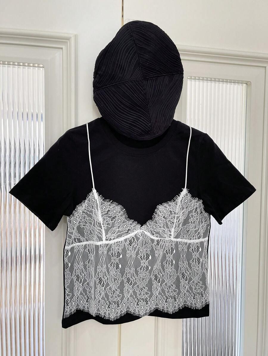 SHEIN BLUZKA Z KRÓTKIM RĘKAWEM KORONKA S06__