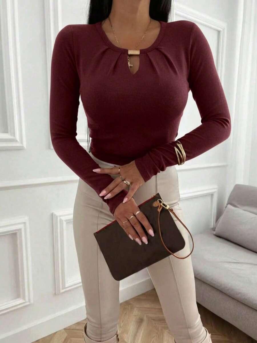 SHEIN BORDOWA BLUZKA DŁUGI RĘKAW ZDOBIENIE S06__M