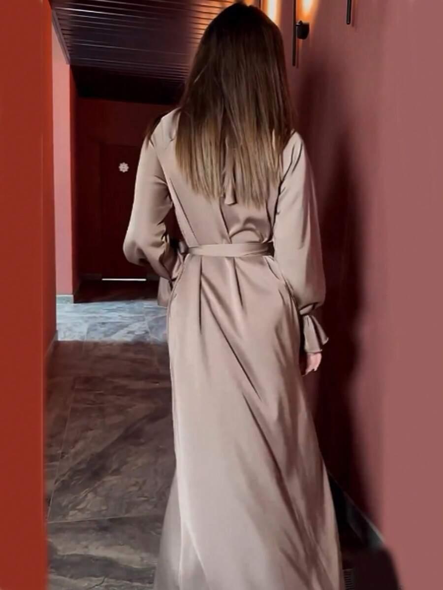 SHEIN SATYNOWA MAXI SUKIENKA DŁUGI RĘKAW STÓJKA S06__S