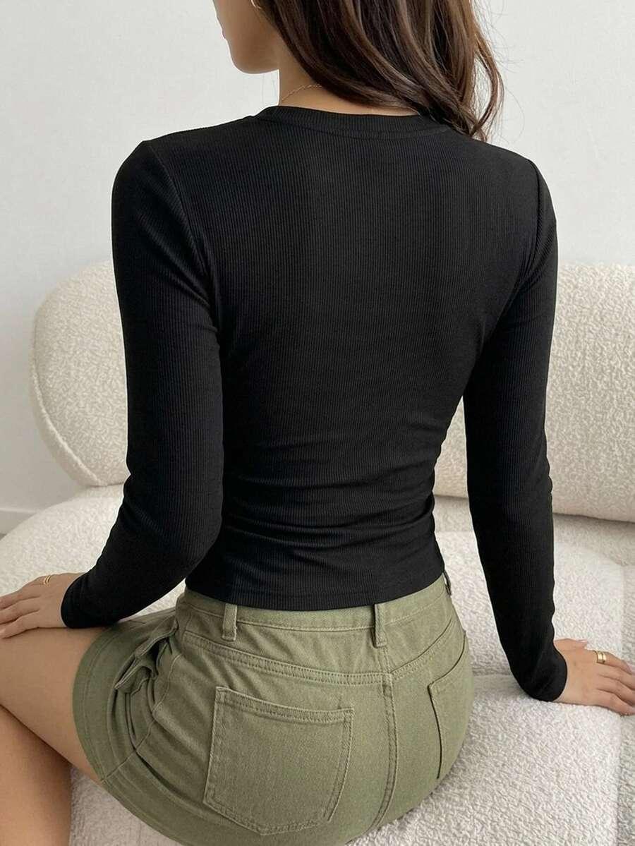 SHEIN CZARNA BLUZKA Z DŁUGIM RĘKAWEM GUZIKI PK01__XS