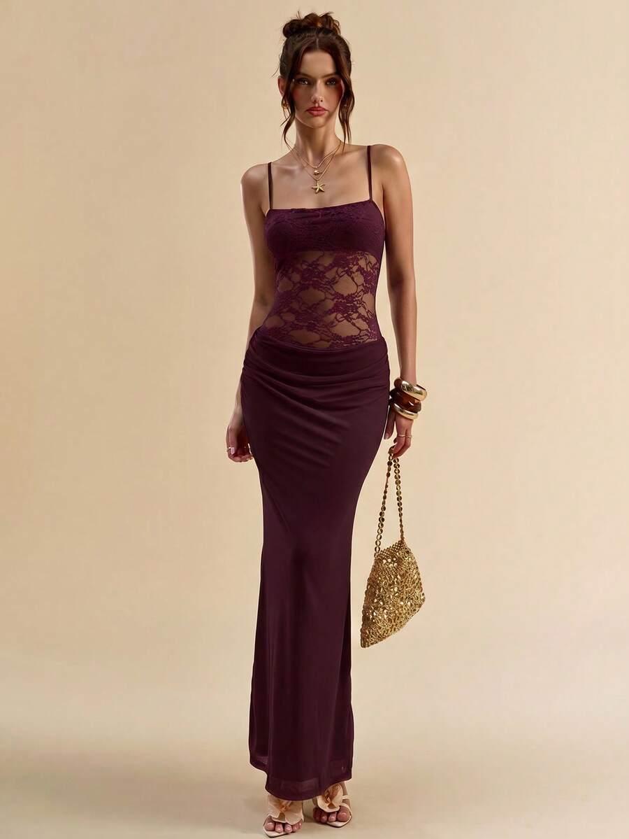 SHEIN BURGUNDOWA MAXI SUKIENKA NA RAMIĄCZKACH KORONKA S06__XXS