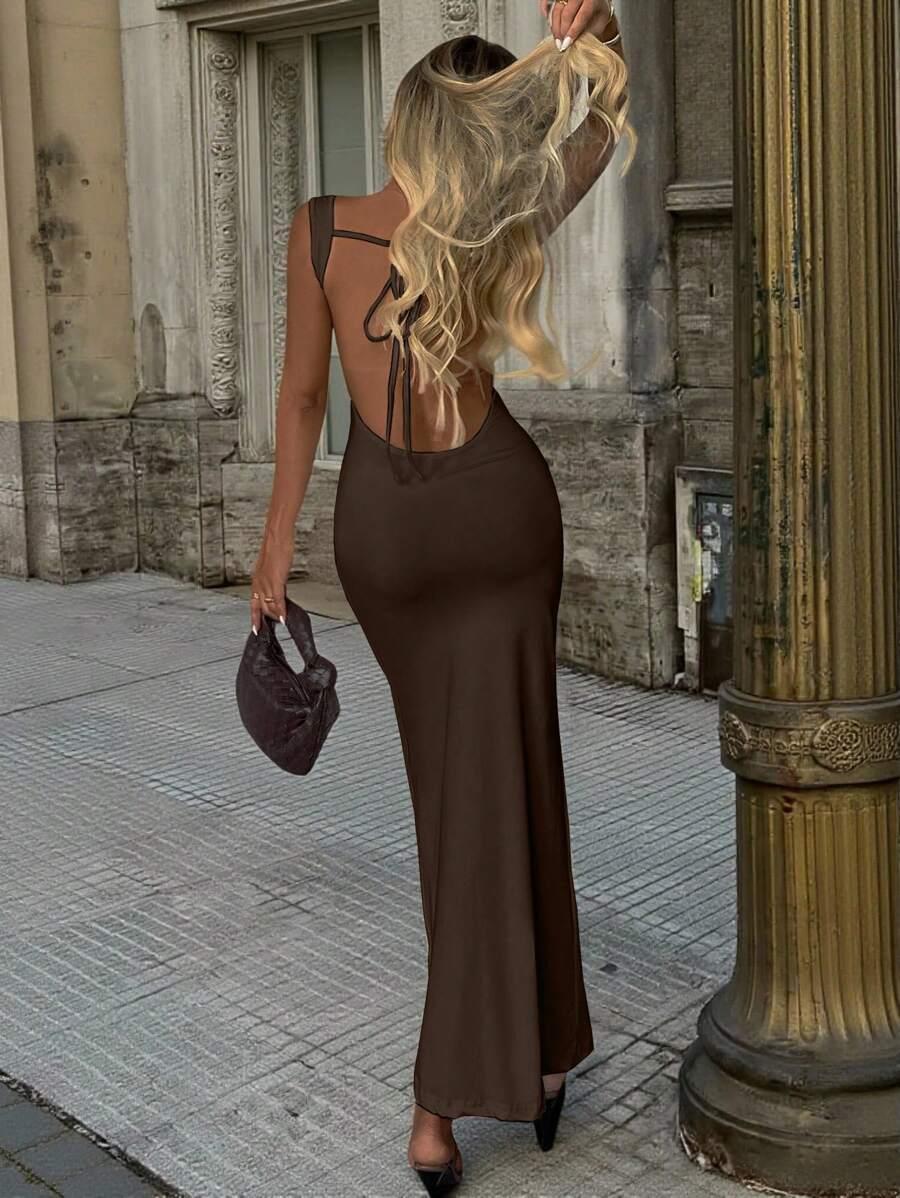 SHEIN BRĄZOWA MAXI SUKIENKA ODKRYTE PLECY S06__M