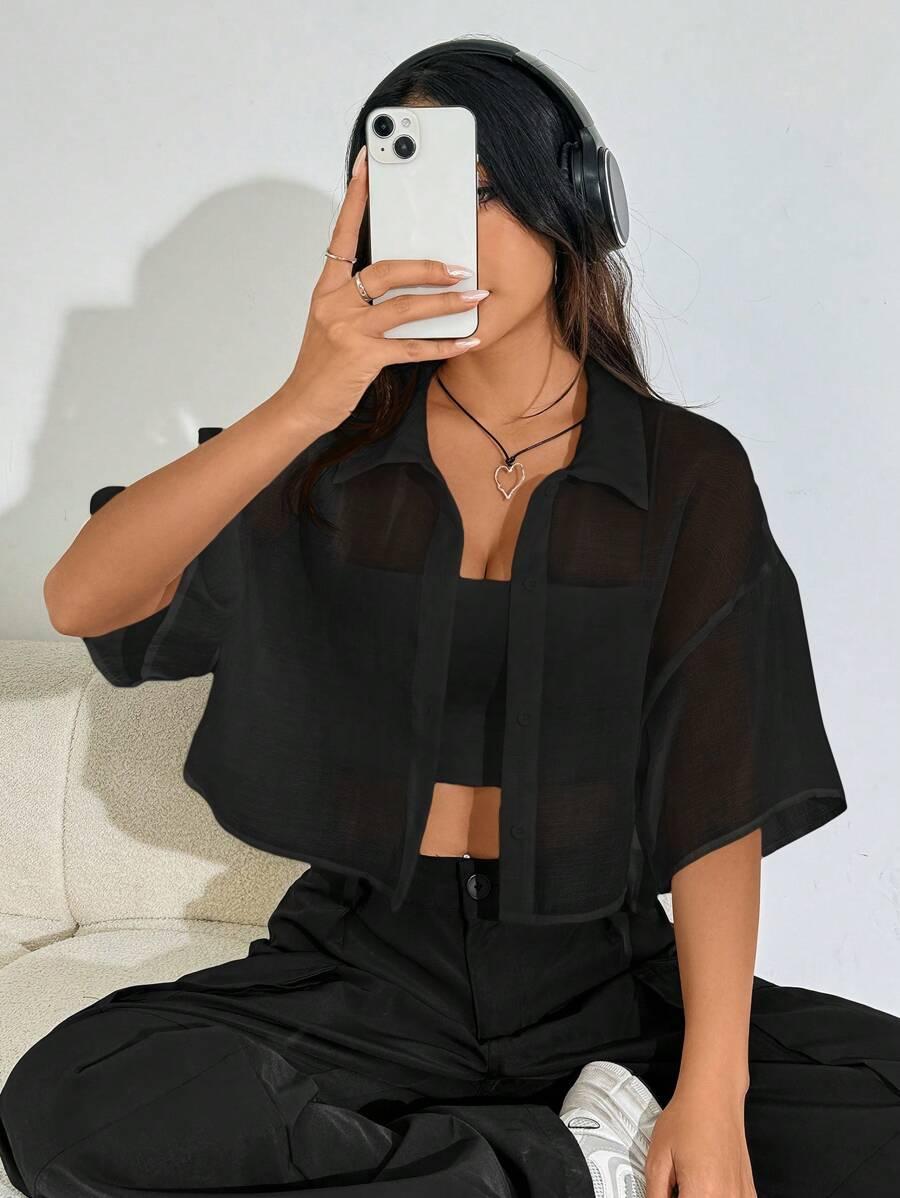 SHEIN CZARNA KOSZULA Z KRÓTKIM RĘKAWEM S06__L
