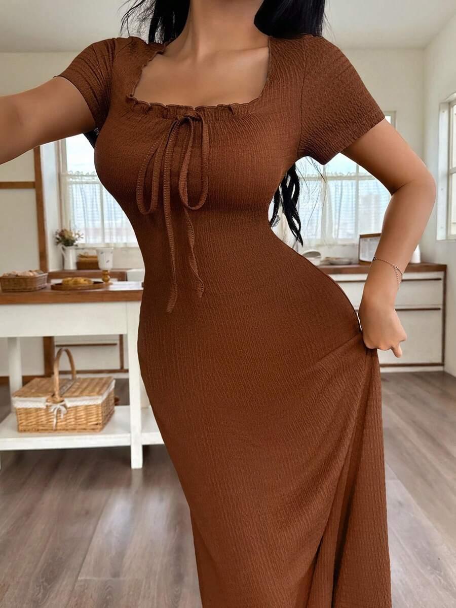 SHEIN BRĄZOWA SUKIENKA MAXI WIĄZANIE S06__S