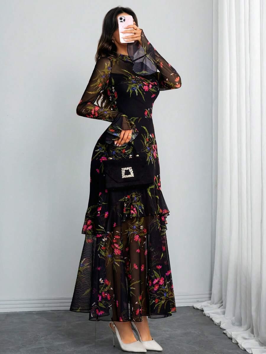 SHEIN CZARNA SUKIENKA ROŚLINY S06__L