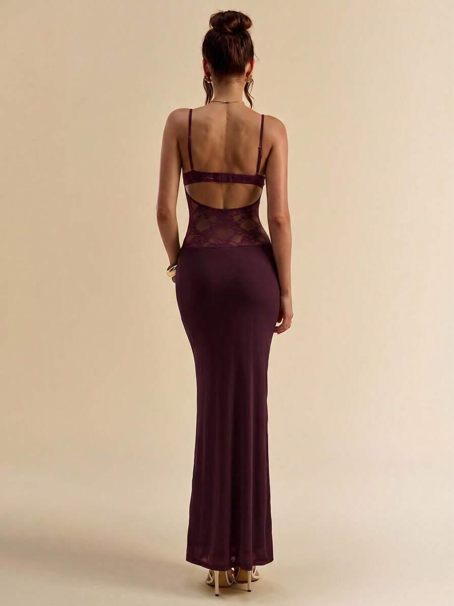 SHEIN BURGUNDOWA MAXI SUKIENKA NA RAMIĄCZKACH KORONKA S06__XXS