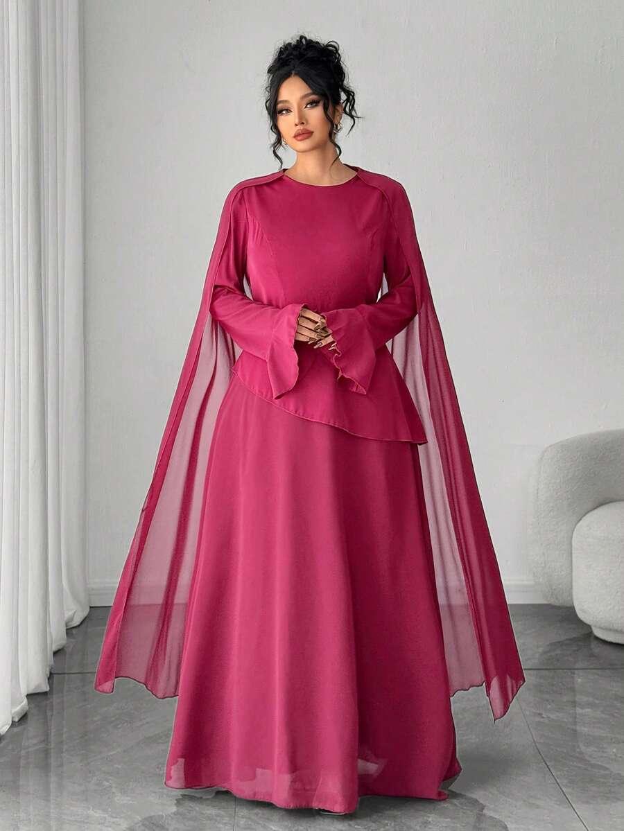 SHEIN BORDOWA MAXI SUKIENKA Z DŁUGIM RĘKAWEM ŁĄCZENIE PK01__52