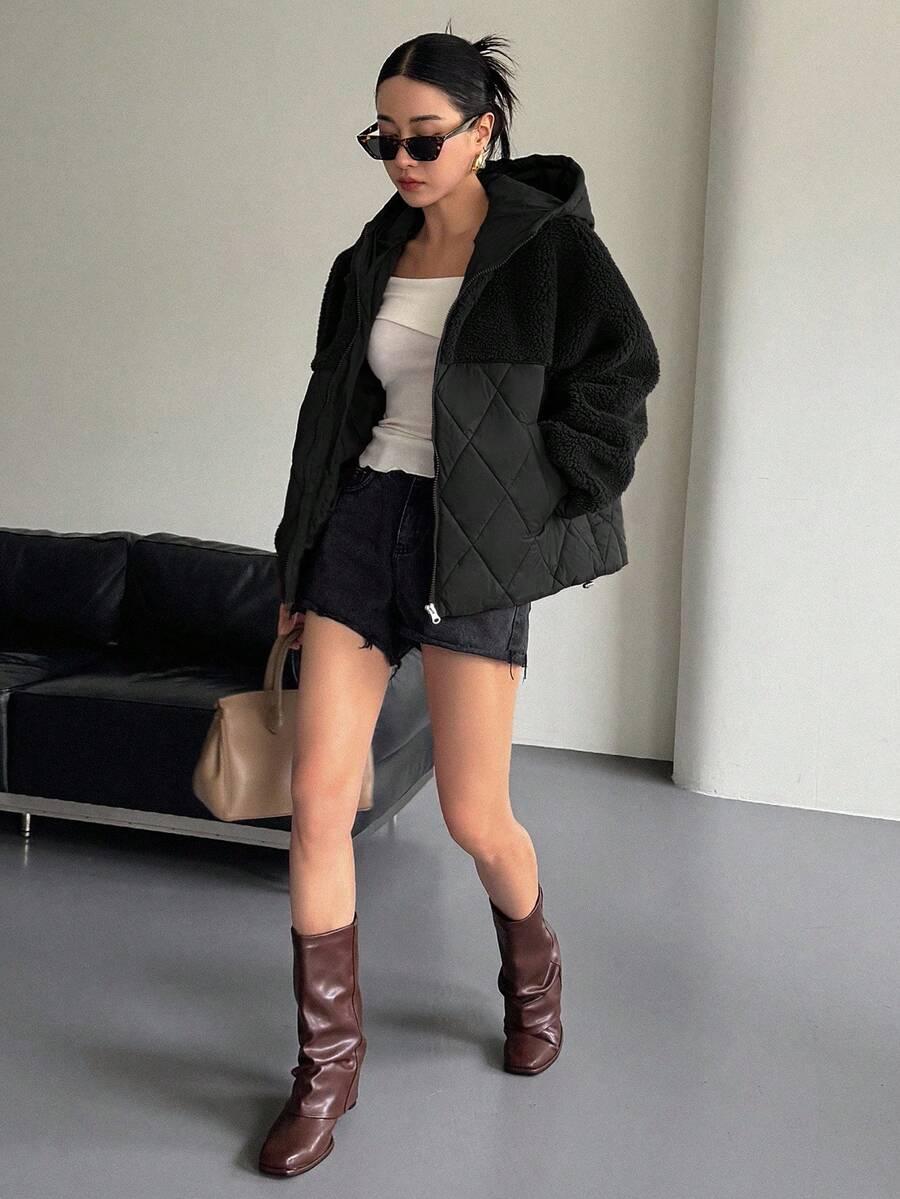 SHEIN CZARNA PIKOWANA KURTKA Z KAPTUREM W01__M