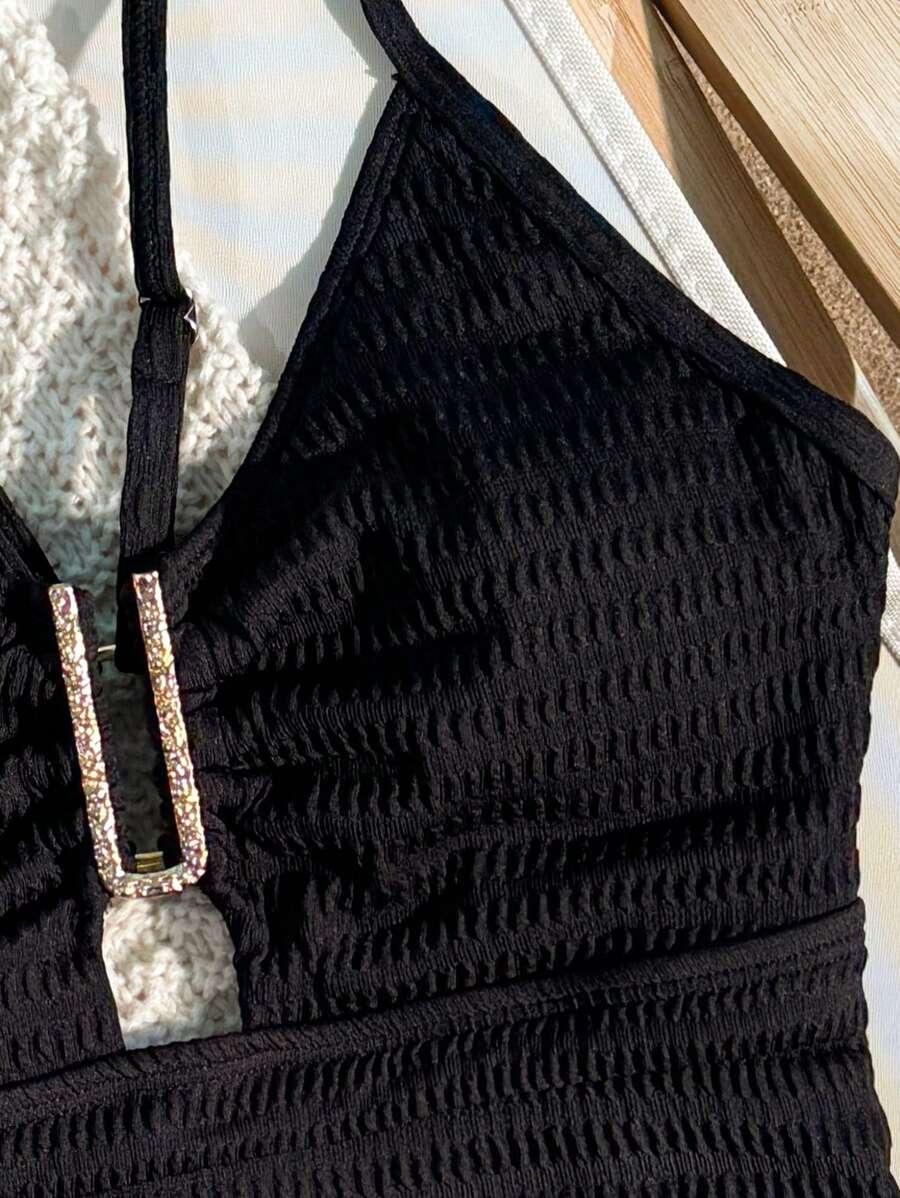 SHEIN CZARNY JEDNOCZĘŚCIOWY STRÓJ KĄPIELOWY ZDOBIENIE S09__M