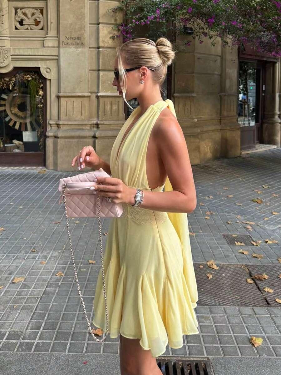 SHEIN ŻÓŁTA MINI SUKIENKA WSTAWKA KORONKA PK01__M