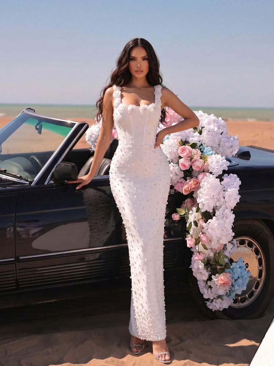 SHEIN BIAŁA MAXI SUKIENKA ZDOBIENIE S06__S
