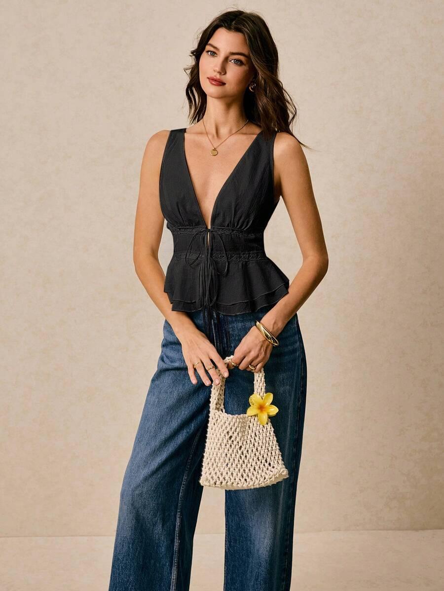 SHEIN CZARNY TOP WIĄZANIE S06__L