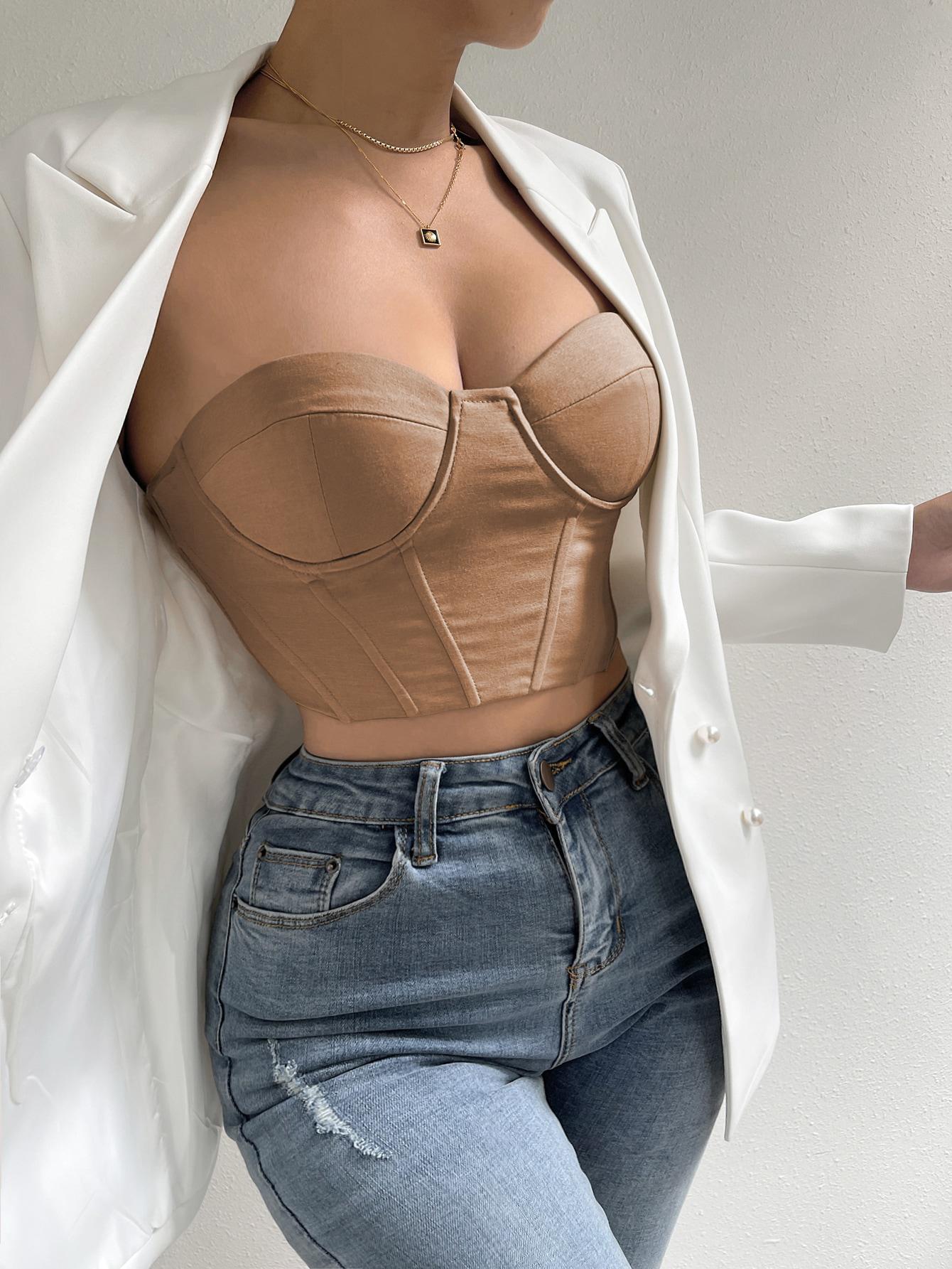 SHEIN GORSETOWY BEŻOWY TOP S06__XS