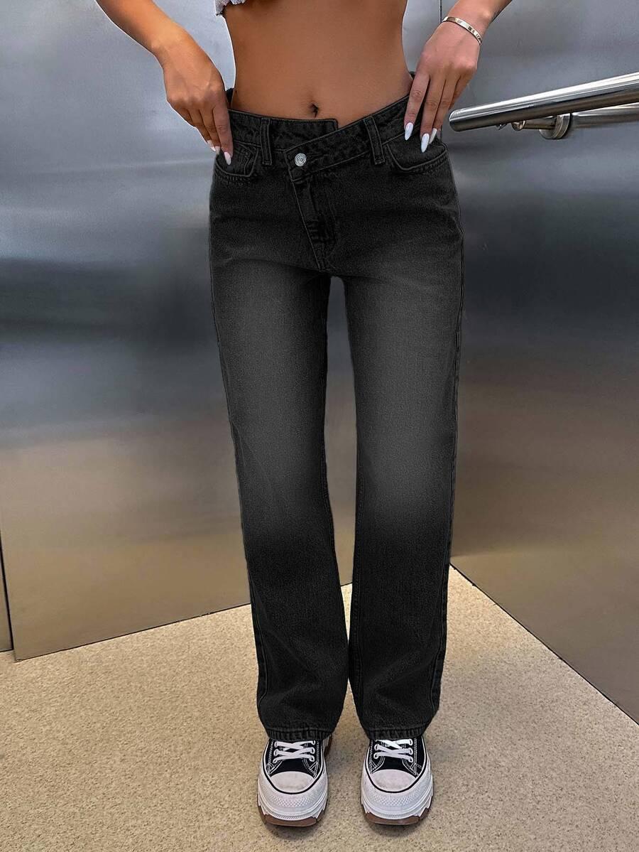 EURMUSE CZARNE SPODNIE JEANS PROSTA NOGAWKA PRZETARCIA S06__L