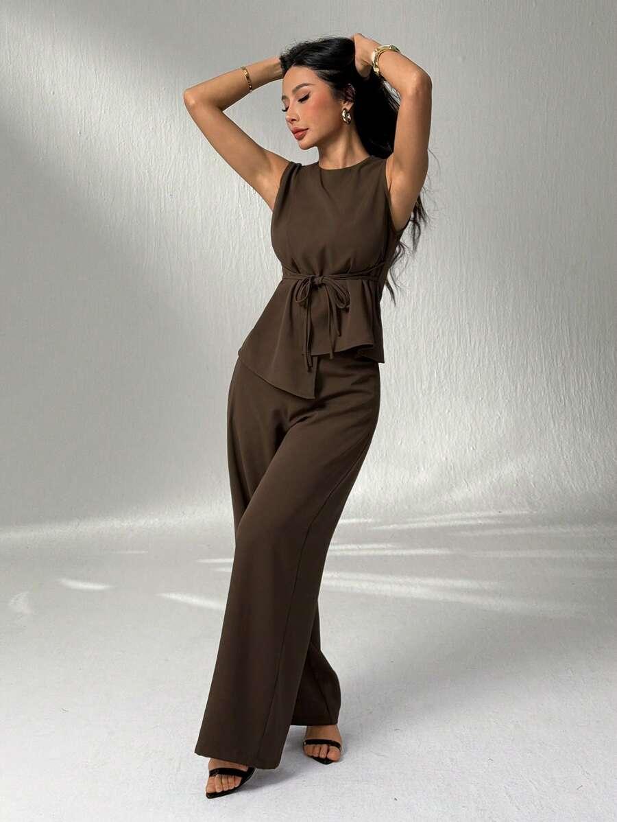 SHEIN BRĄZOWY KOMPLET TOP SPODNIE S06__XS