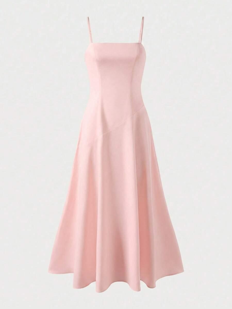 SHEIN RÓŻOWA MAXI SUKIENKA Z DOMIESZKĄ LNU RAMIĄCZKA PK01__M
