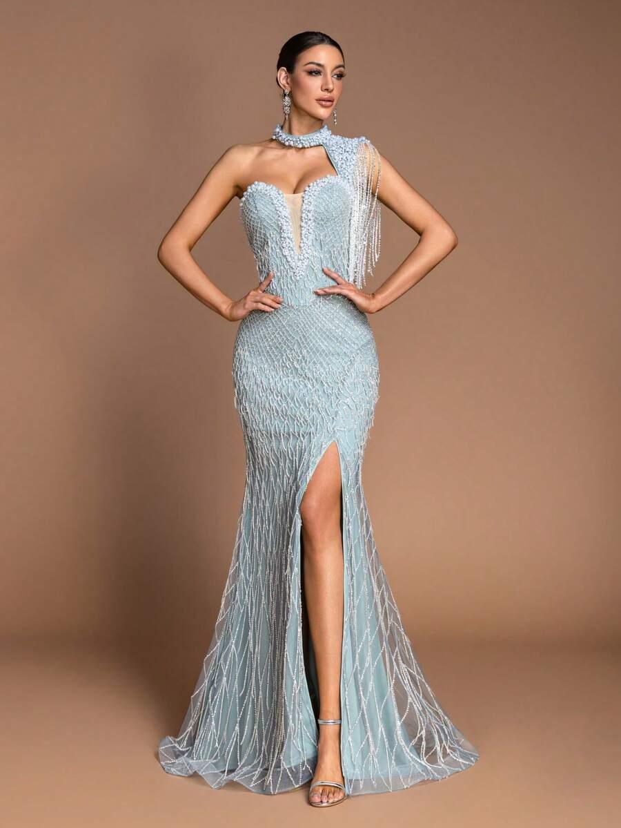 SHEIN NIEBIESKA MAXI SUKIENKA ZDOBIENIE S06__M