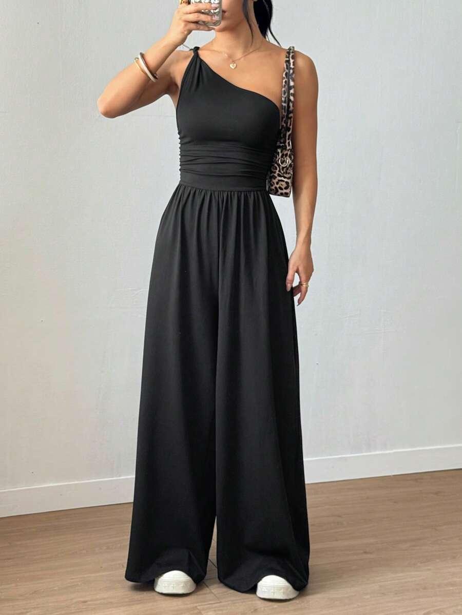 SHEIN CZARNY KOMBINEZON NA JEDNO RAMIĘ S06__XS