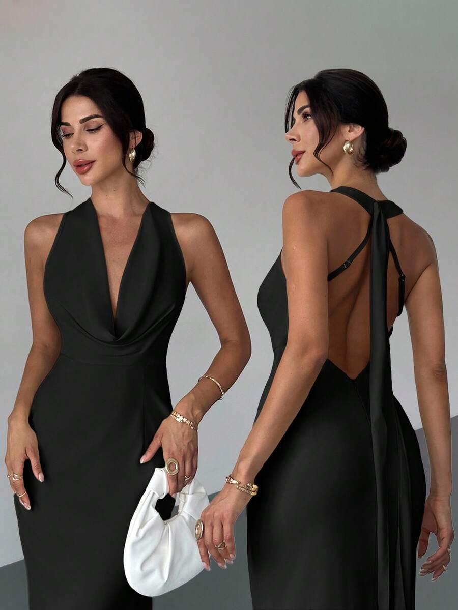 SHEIN CZARNA MAXI SUKIENKA WIĄZANIE S06__M