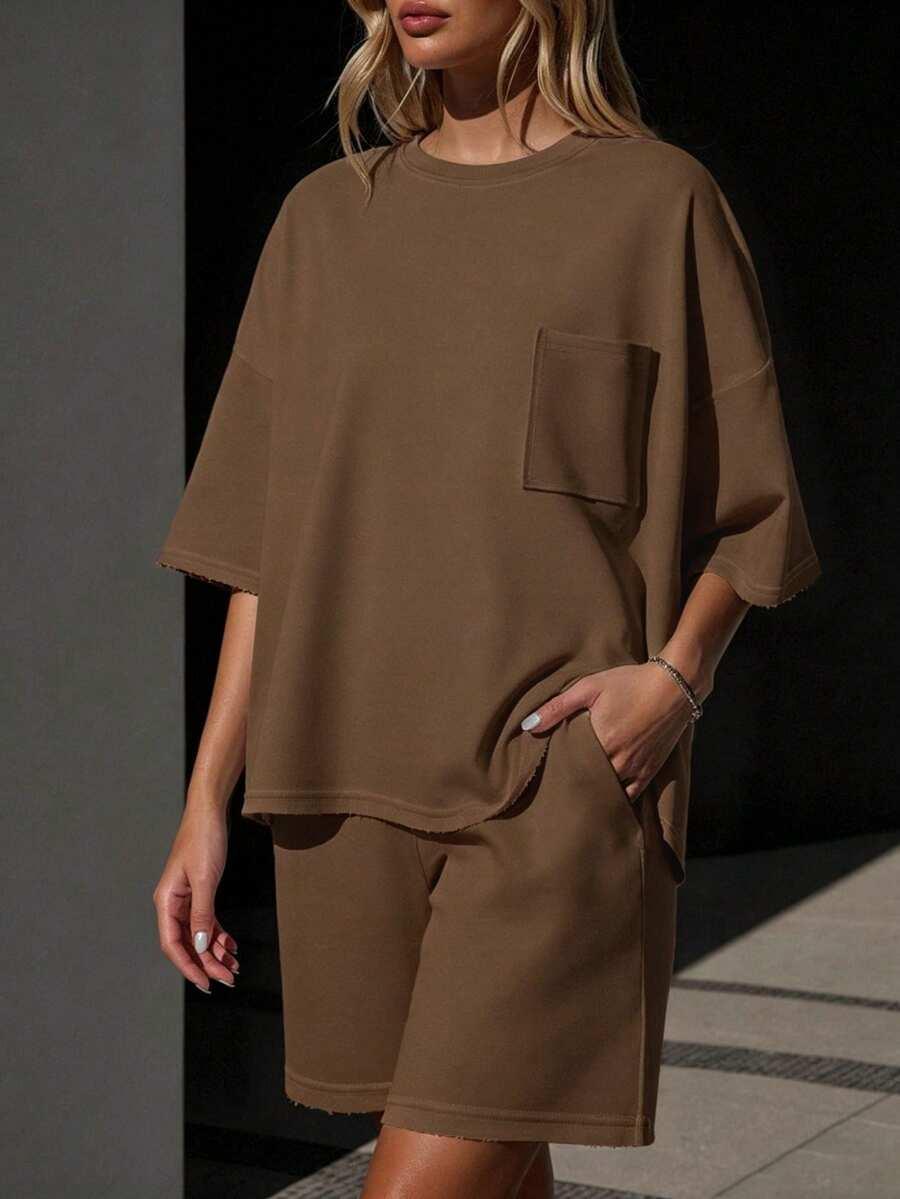 SHEIN BRĄZOWY KOMPLET SPODENKI BLUZKA S06__XL