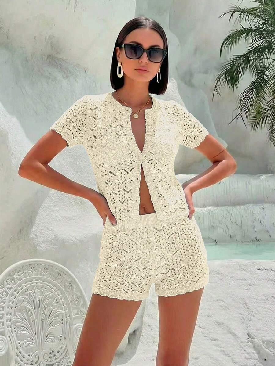 SHEIN BEŻOWY DZIANINOWY KOMPLET BLUZKA SPODENKI PK01__S