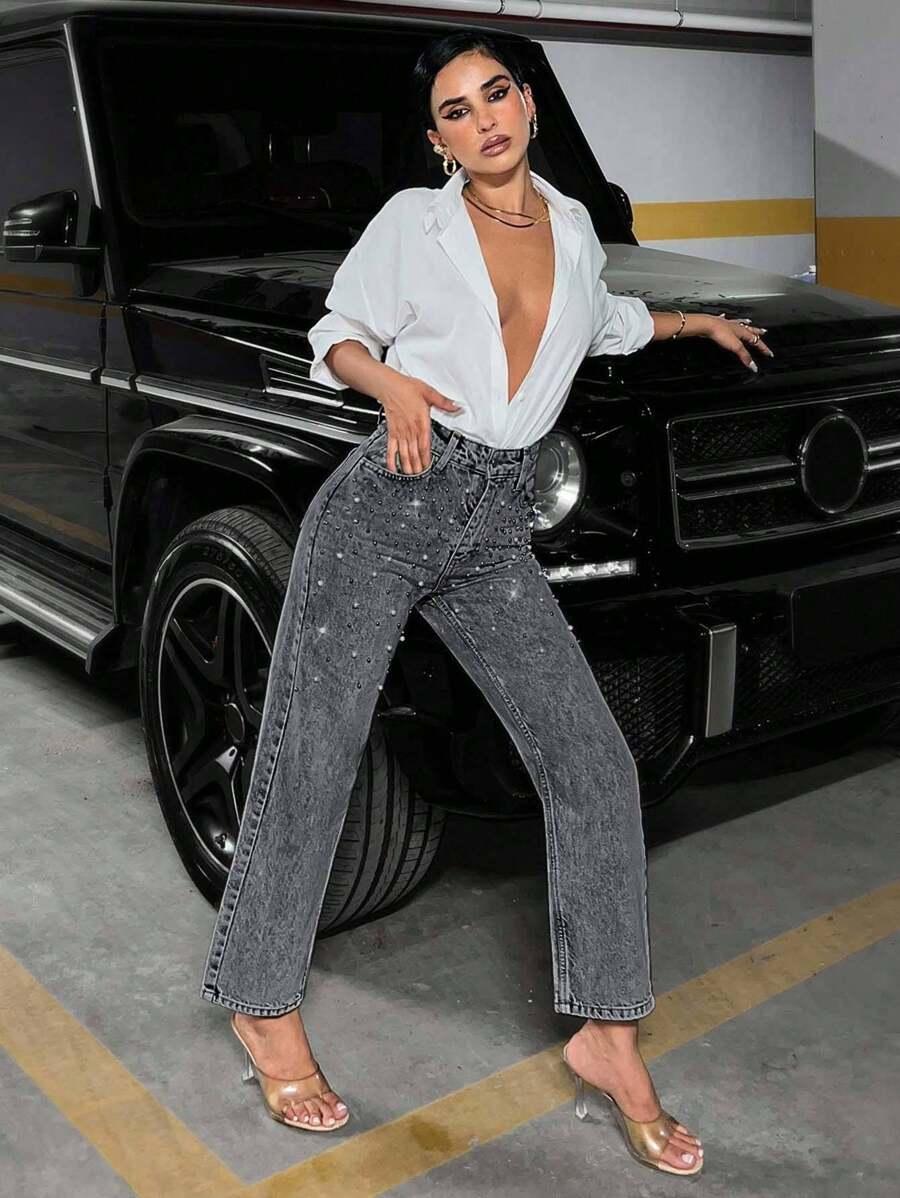 SHEIN SZARE JEANSY ZDOBIENIE S06__S