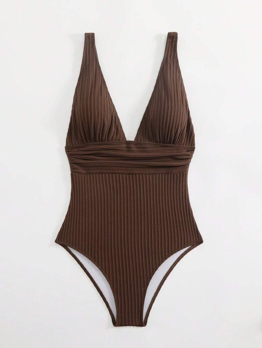 SHEIN BRĄZOWY STRÓJ KĄPIELOWY JEDNOCZĘŚCIOWY S09__L