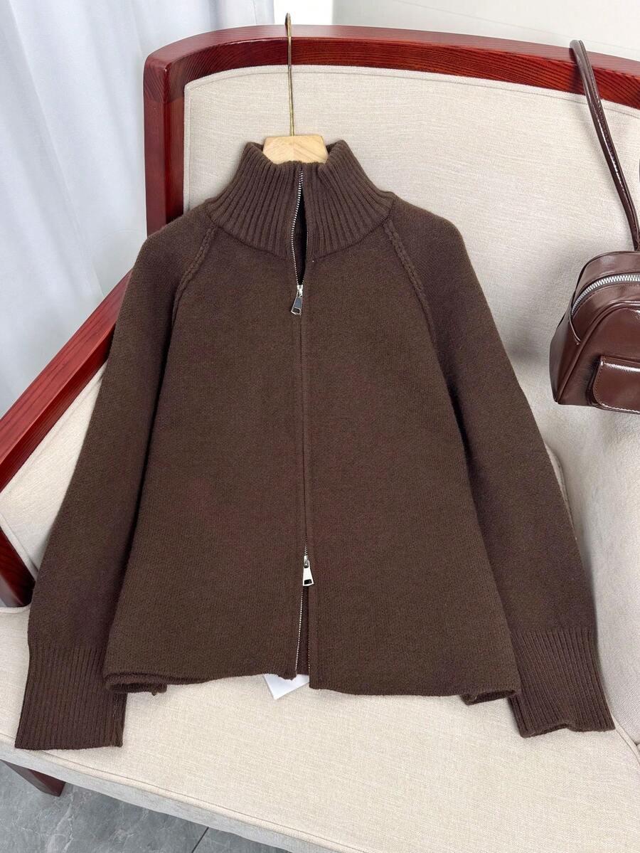 SHEIN BRĄZOWY ROZPINANY SWETER STÓJKA ZAMEK PK01__M