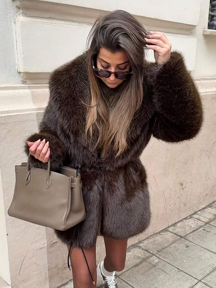 SHEIN BRĄZOWE SZTUCZNE FUTRO W01__M