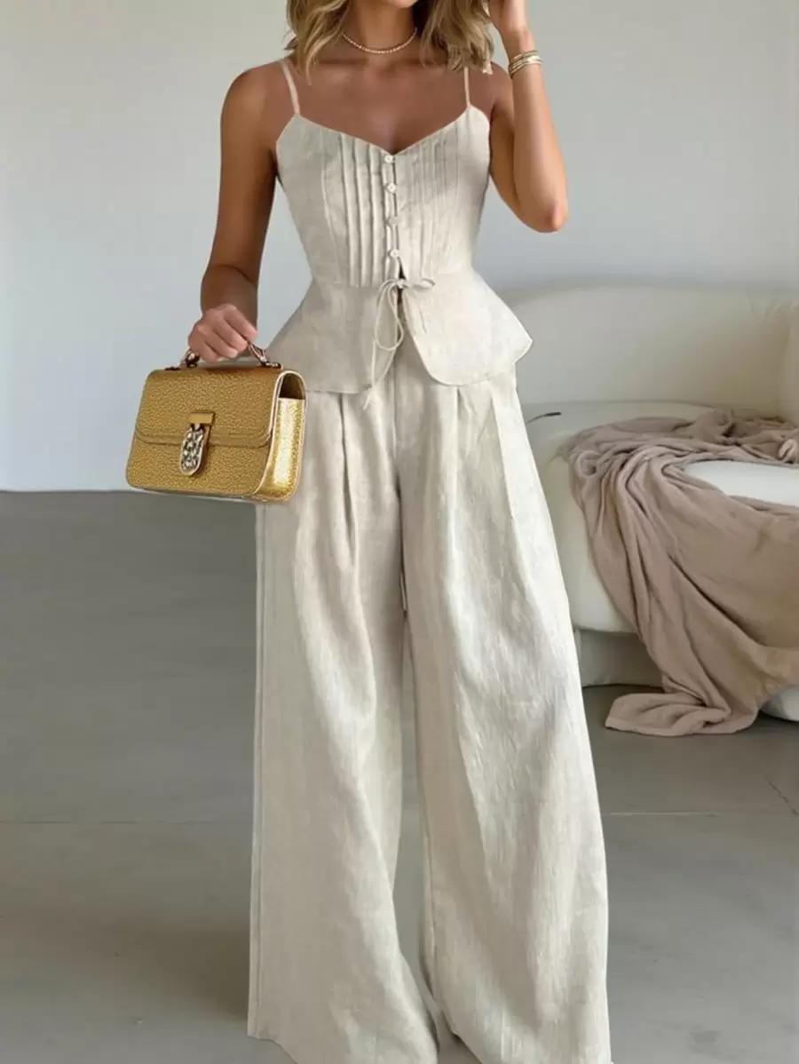 SHEIN KREMOWY TOP SPODNIE KOMPLET S06__L