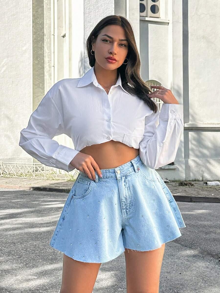 SHEIN NIEBIESKIE SPODENKI JEANS ZDOBIENIA