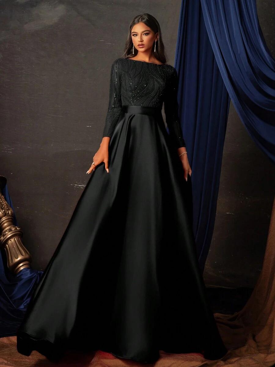 SHEIN CZARNA MAXI SUKIENKA DŁUGI RĘKAW CEKINY S06__XS
