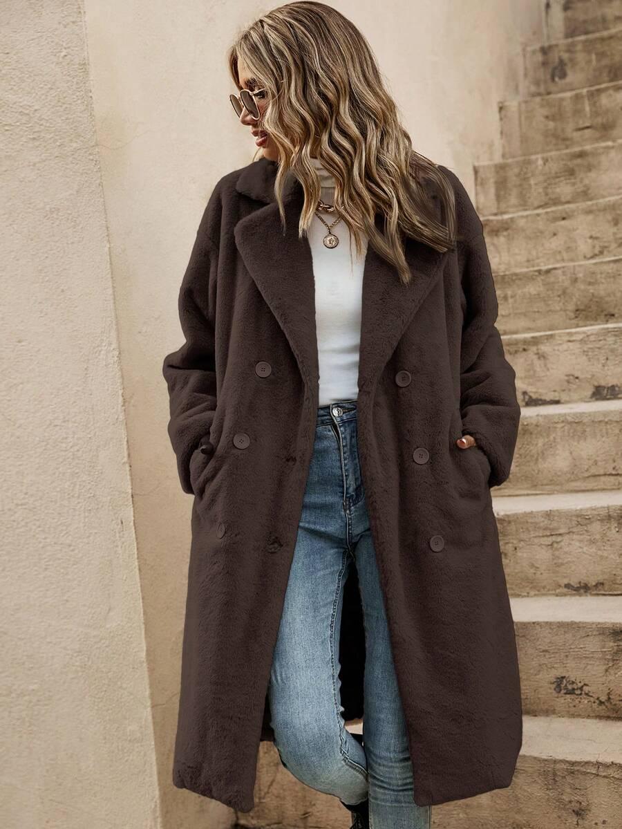 SHEIN BRĄZOWY PŁASZCZ FUTRO W01__L