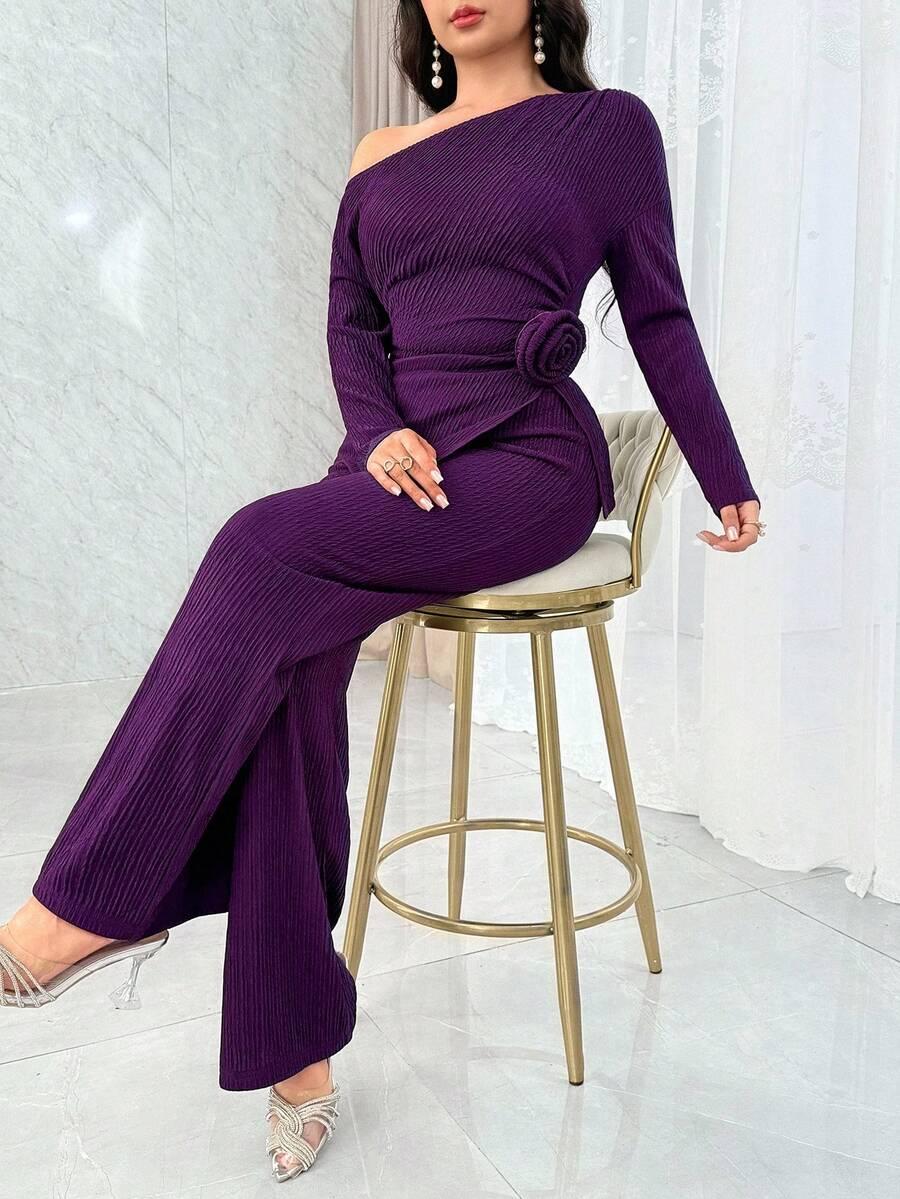 SHEIN FIOLETOWY KOMPLET BLUZKA SPODNIE S06__L