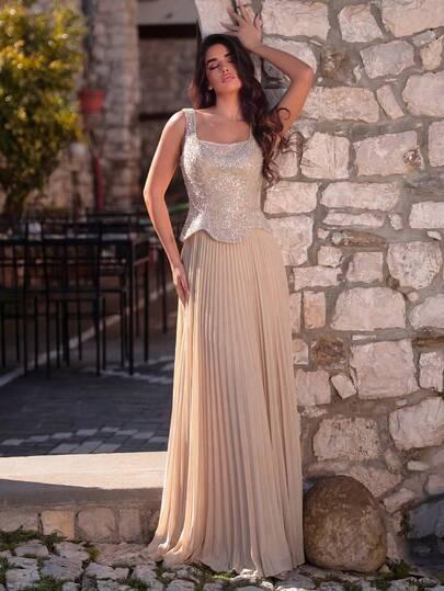 SHEIN BEŻOWA MAXI SUKIENKA ZDOBIENIE CEKINY S06__XL