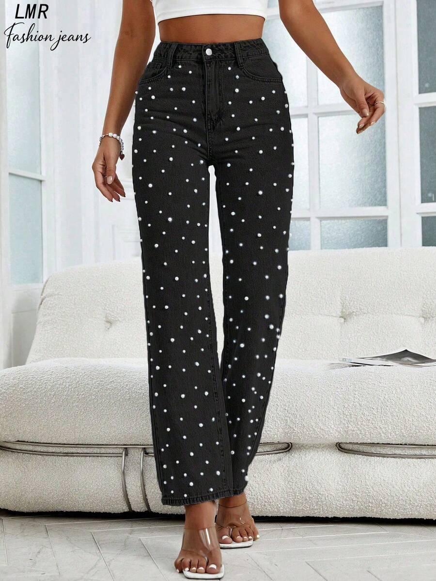 SHEIN CZARNE SPODNIE JEANS ZDOBIENIE S06__M
