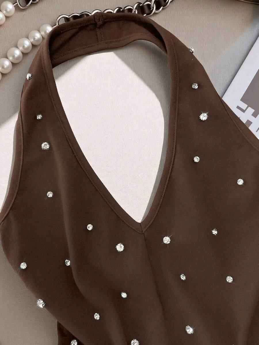 SHEIN BRĄZOWY TOP ZDOBIENIA S06__XS