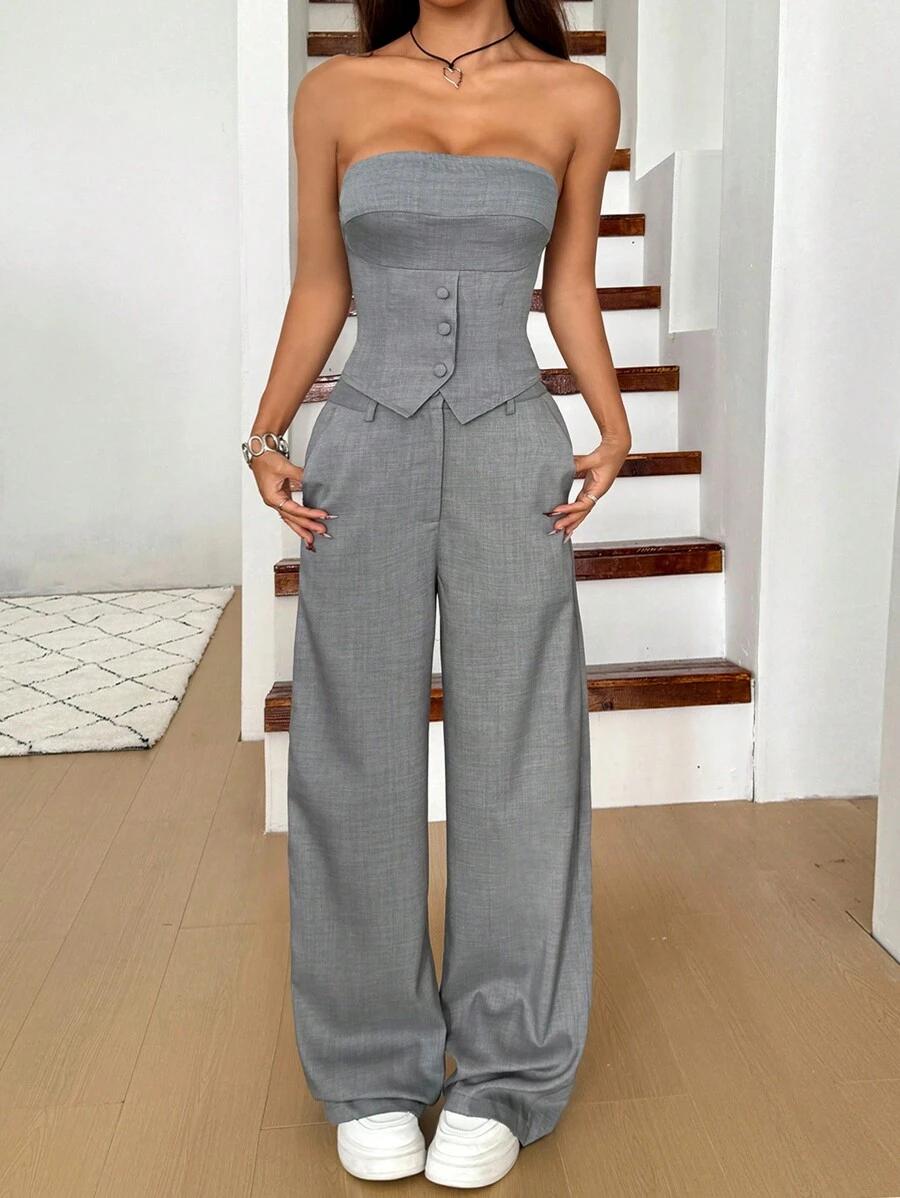 SHEIN SZARY KOMPLET TOP SPODNIE S06__L