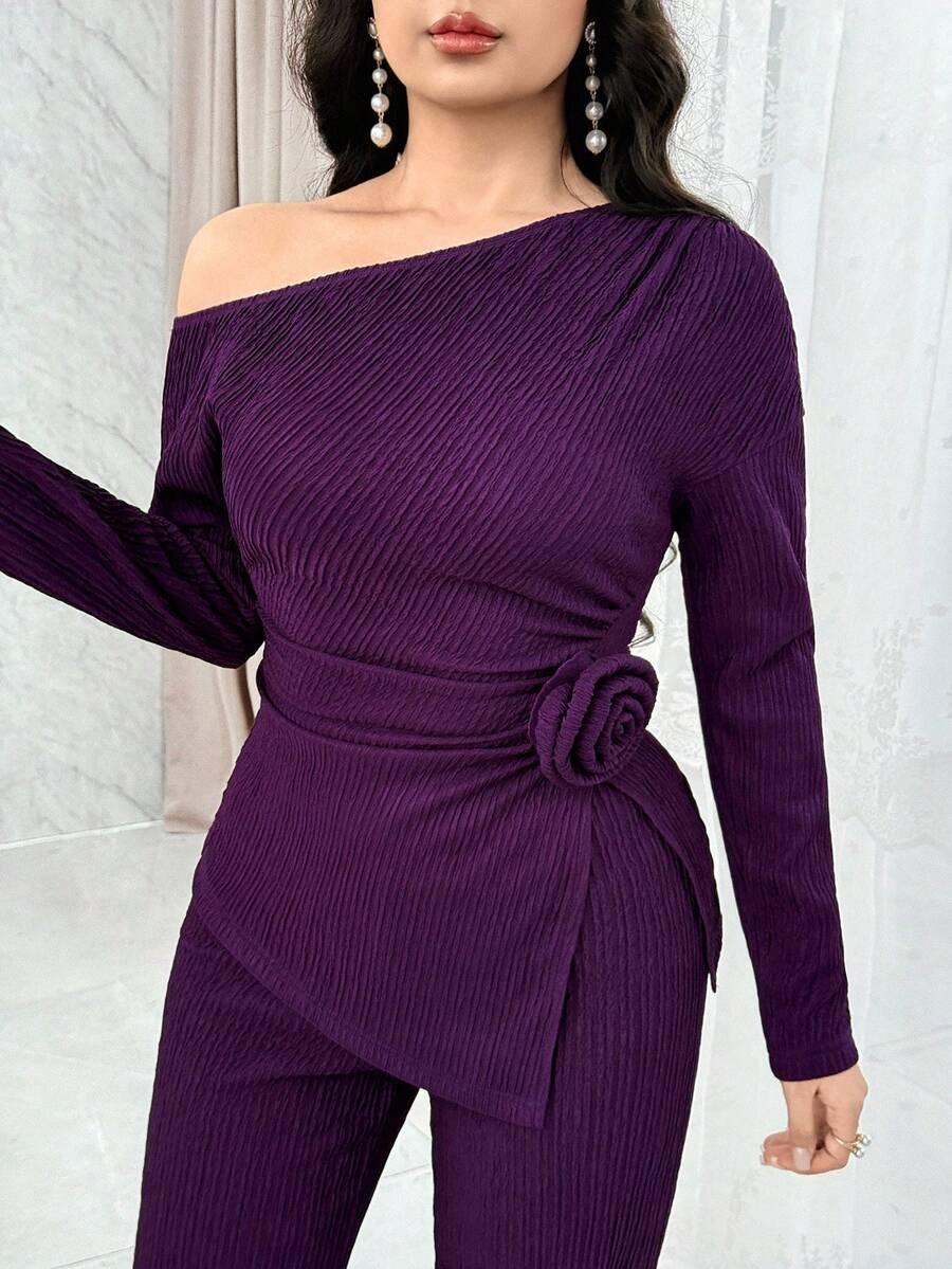 SHEIN FIOLETOWY KOMPLET BLUZKA SPODNIE S06__L