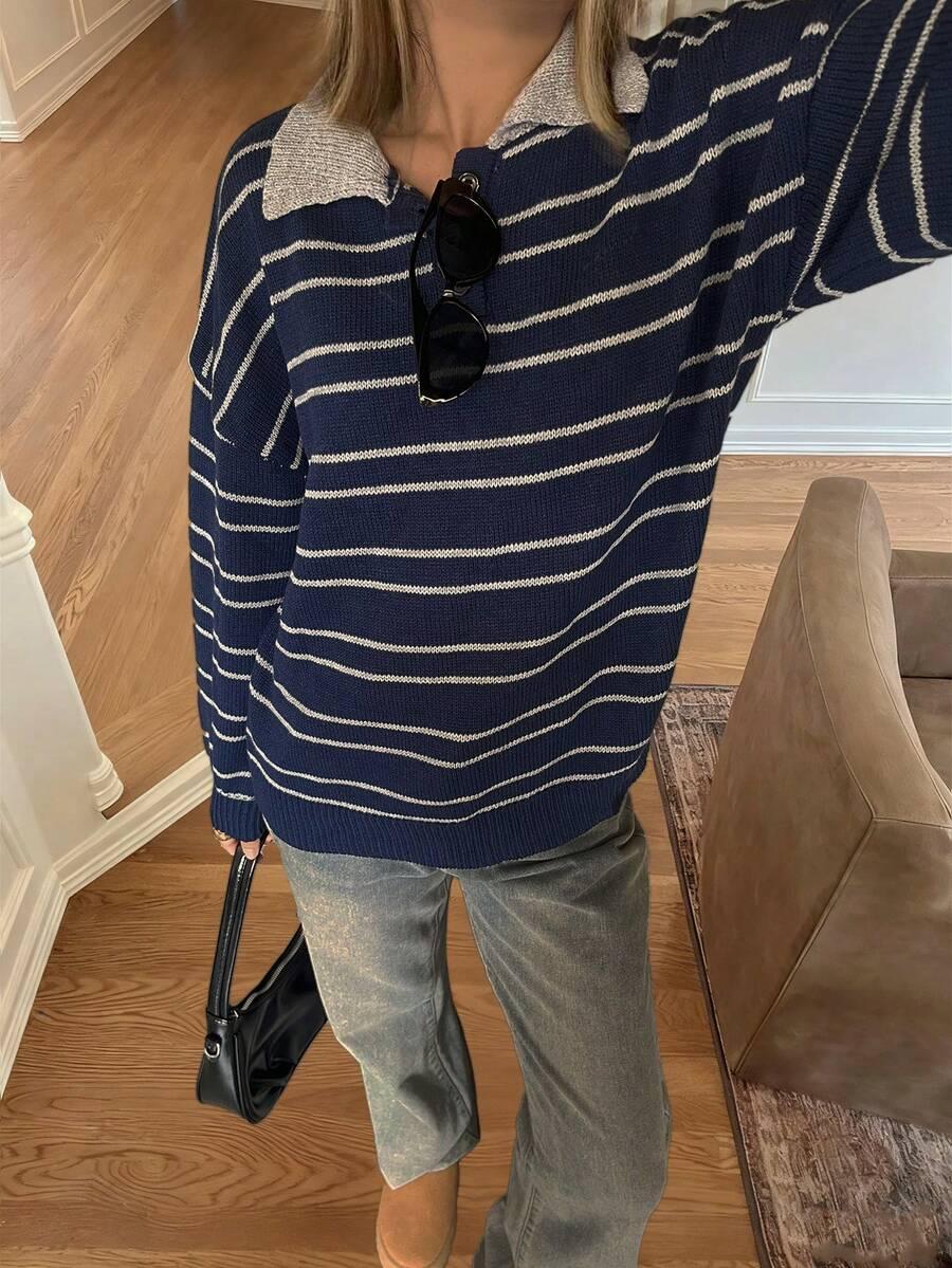 SHEIN GRANATOWY SWETER WZÓR PASKI S06__L