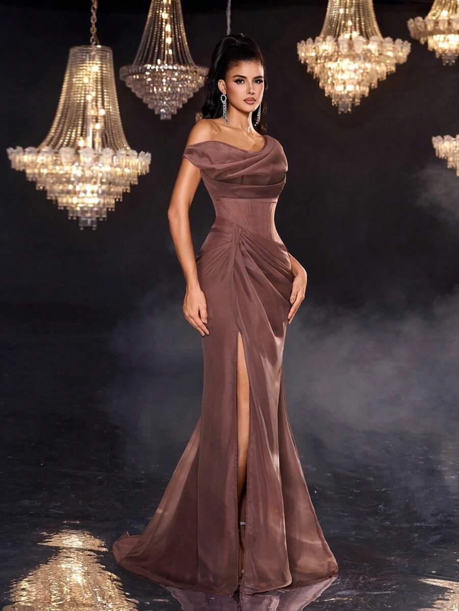SHEIN BRĄZOWA MAXI SUKIENKA S06__L