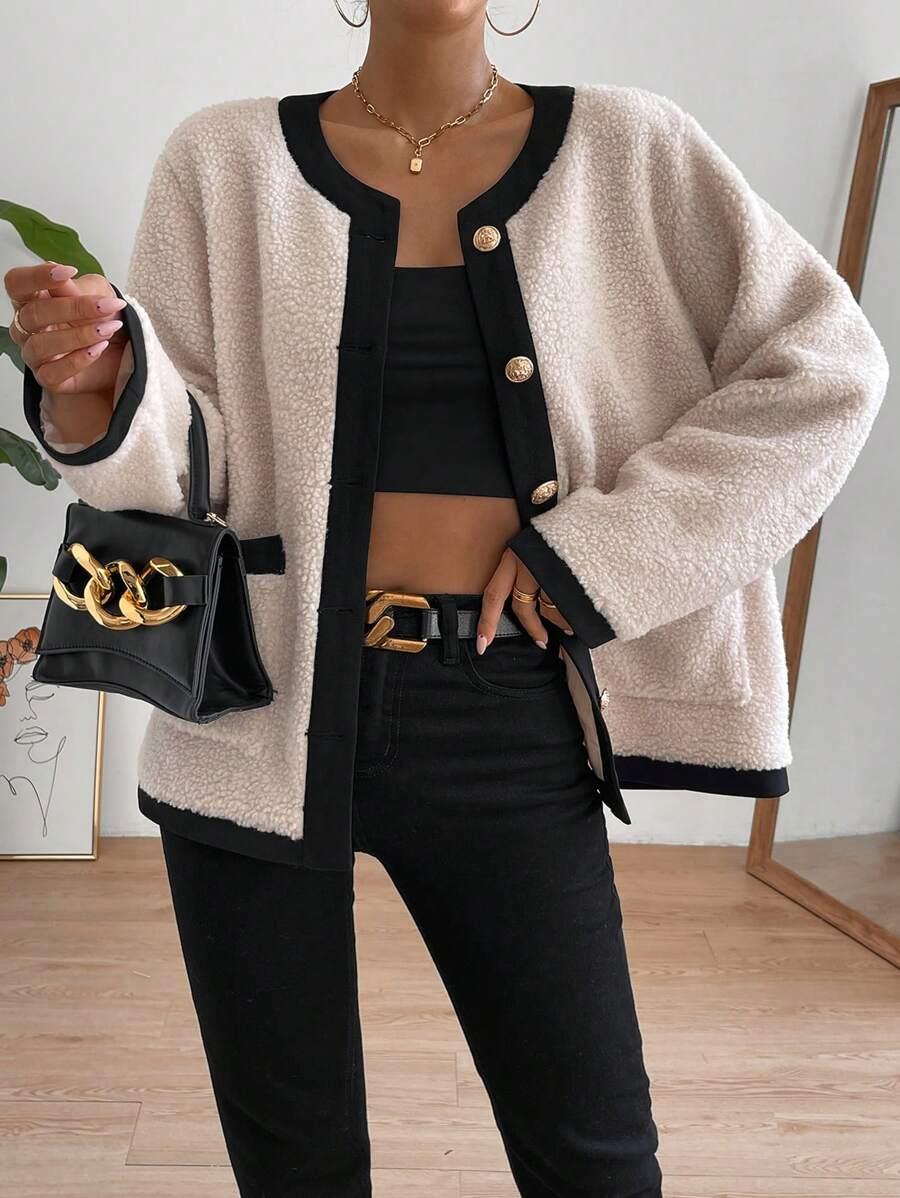 SHEIN BEŻOWY SWETER GUZIKI MIŚ S06__XS