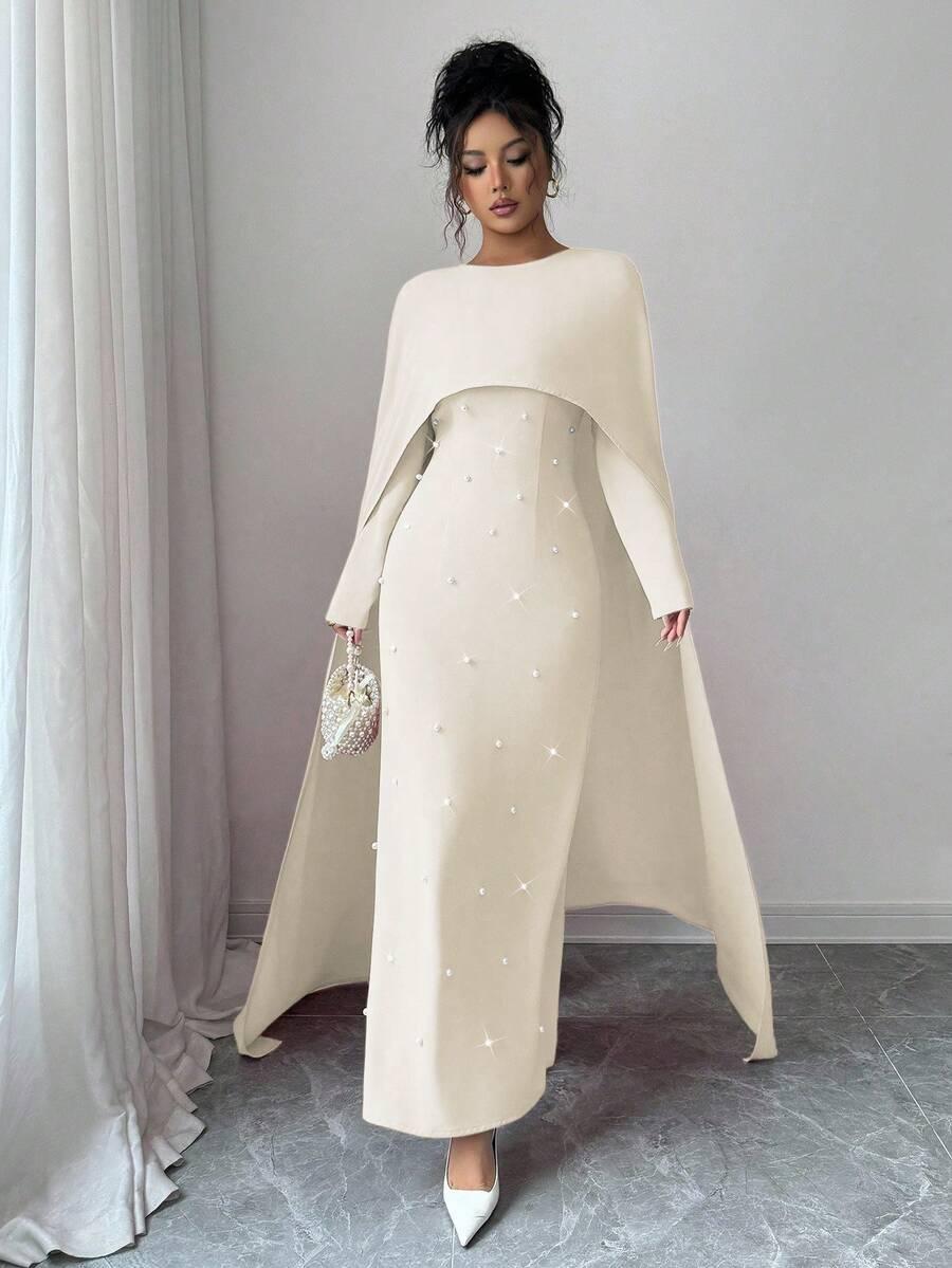SHEIN BEŻOWA SUKIENKA ZDOBIENIE S06__L