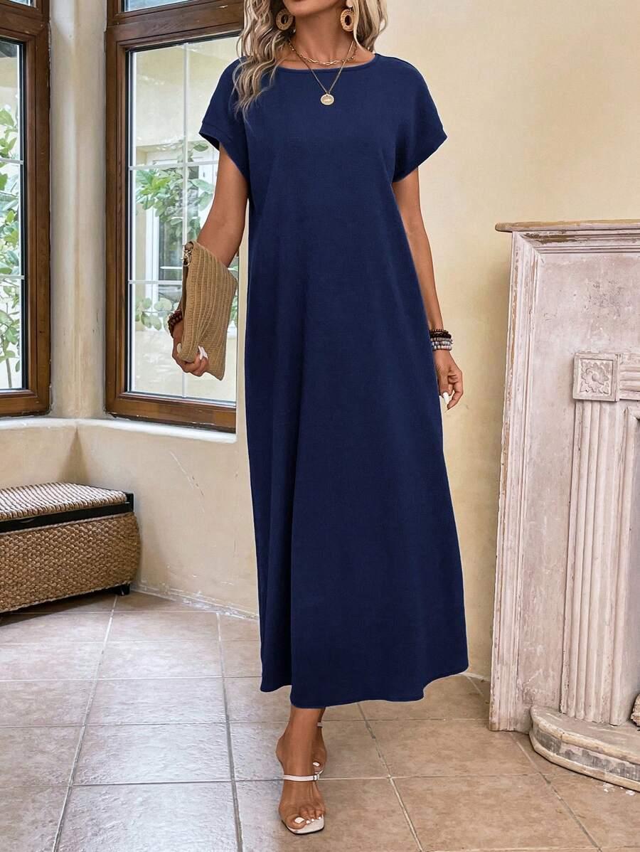 SHEIN GRANATOWA MAXI SUKIENKA KRÓTKI RĘKAW S06__S