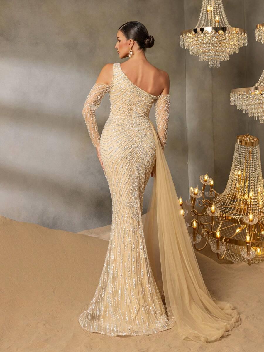 SHEIN BEŻOWA MAXI SUKIENKA ZDOBIENIE CEKINY S06__M