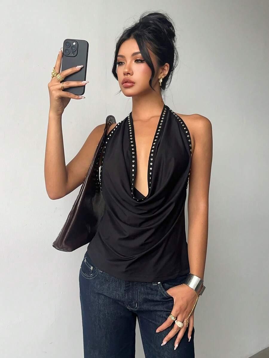 SHEIN CZARNY TOP ODKRYTE PLECY S06__L